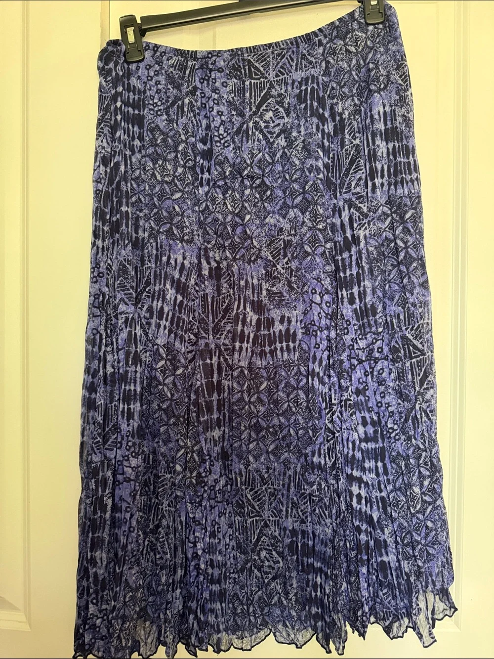 Blue Crinkle Pleated Midi Skirt | Boho A-Line Pull-On Lightweight Women's 12P